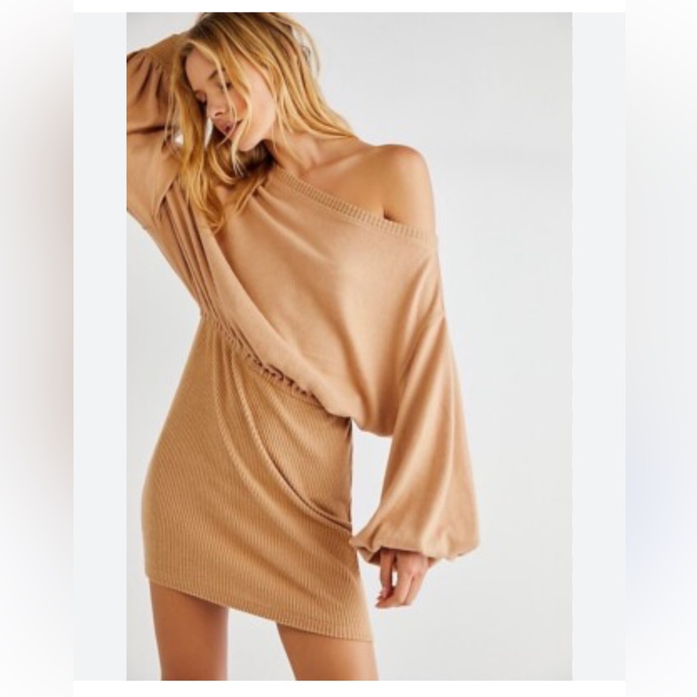 Free People One-Shoulder Camel Knit Dress